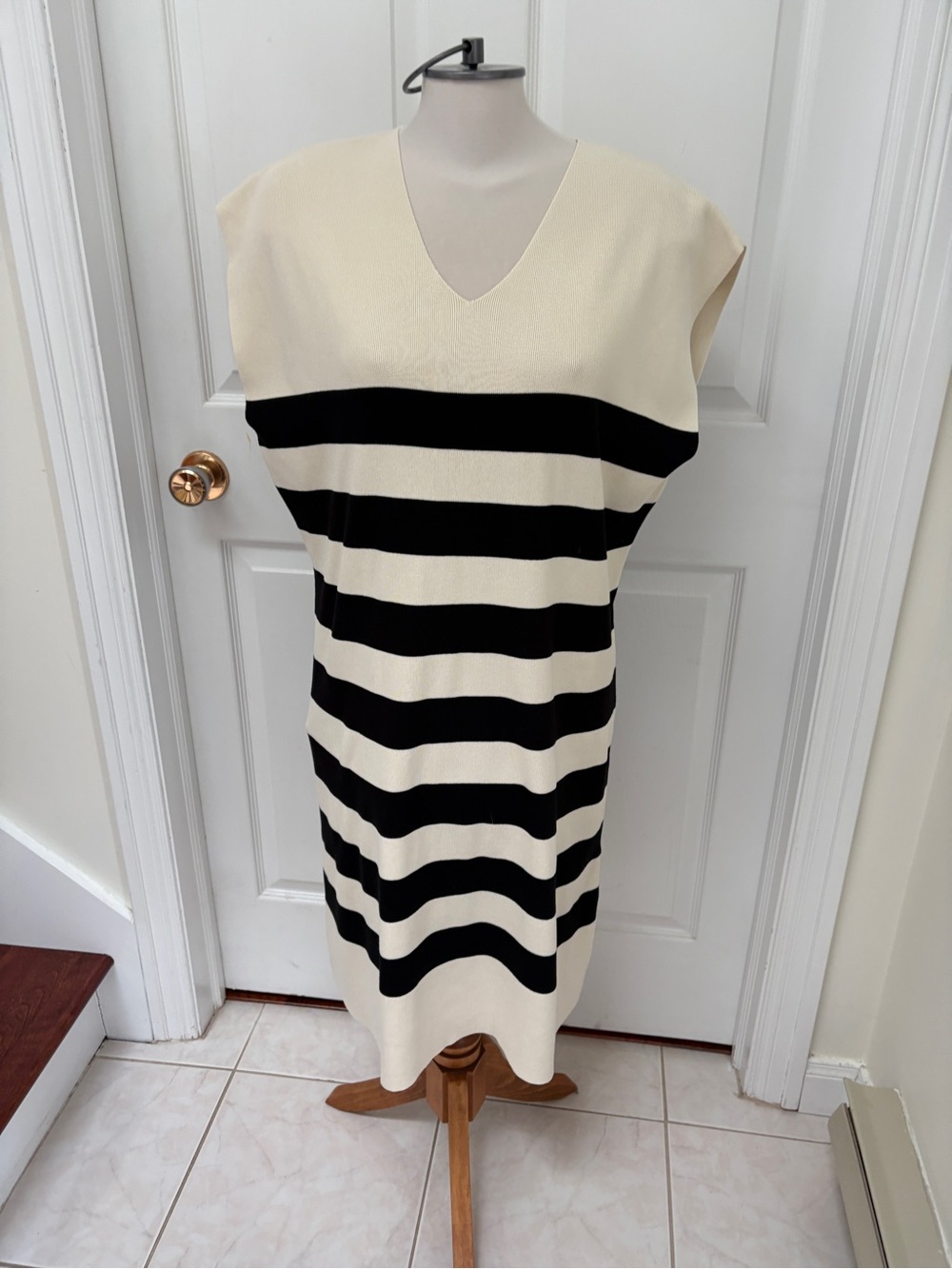 Pretty Garden Neutral Striped V-Neck Midi Dress in Cream and Black